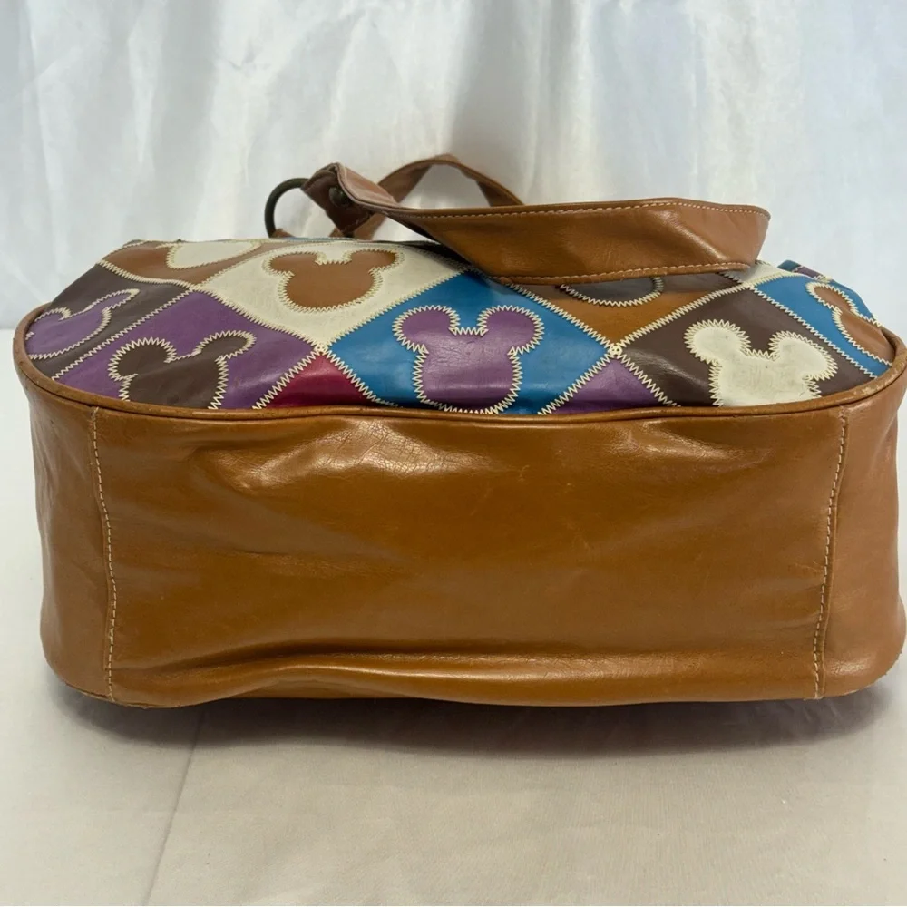Disney Parks Mickey Mouse Multicolor Patchwork Tote Hobo Sa Bag with Brown Trim - Picture 7 of 14